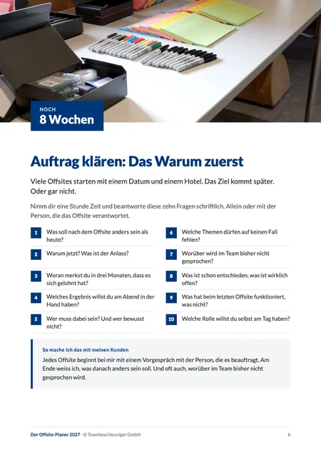 Seite aus dem Offsite-Planer: Auftrag klären mit zehn Fragen