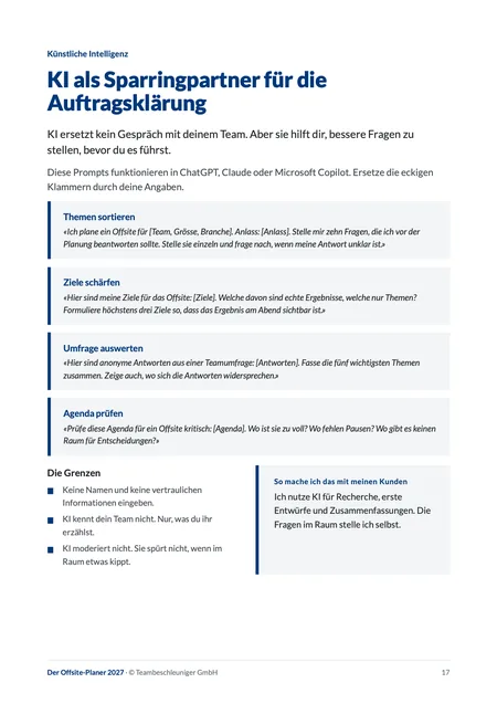 Seite aus dem Offsite-Planer: KI als Sparringpartner für die Auftragsklärung