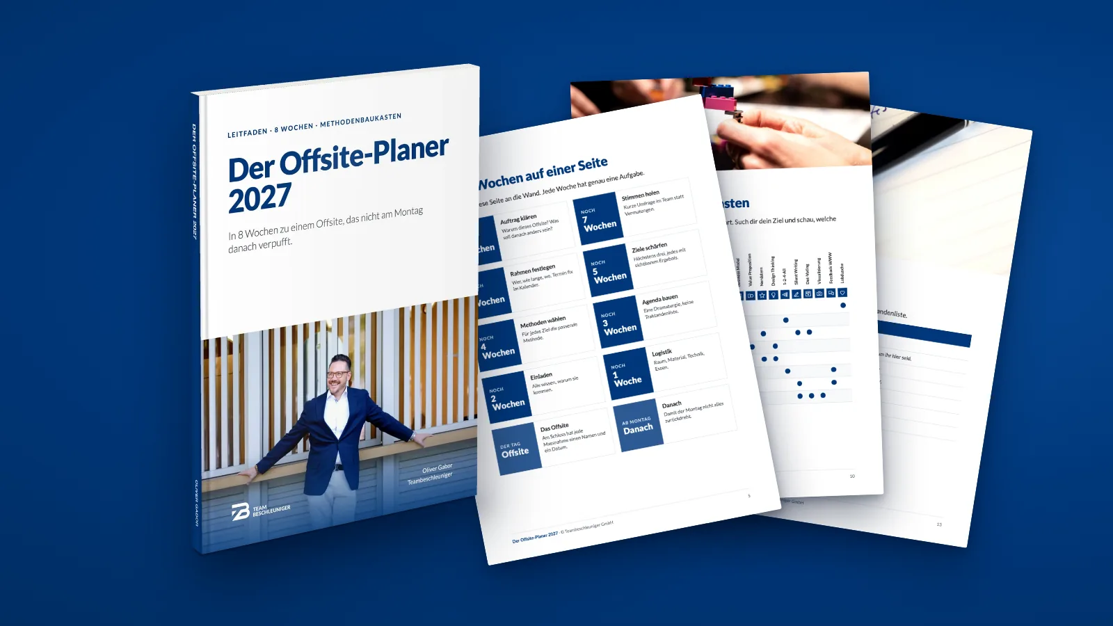 Der Offsite-Planer 2027 als Buch, dahinter aufgefächert der Ablaufplan, der Methodenbaukasten und eine Agenda